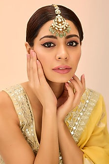 Gold Finish Kundan Polki & Green Onyx Maangtikka
