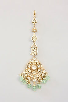 Gold Finish Kundan Polki & Green Onyx Maangtikka