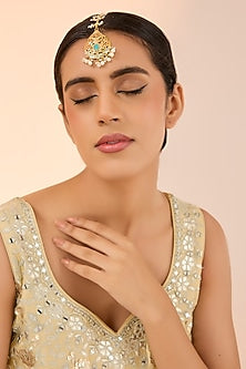 Gold Finish Jadau Kundan Polki & Pearl Drop Maangtikka