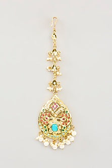 Gold Finish Jadau Kundan Polki & Pearl Drop Maangtikka