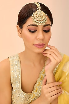 Gold Finish Kundan Polki & Green Onyx Maangtikka