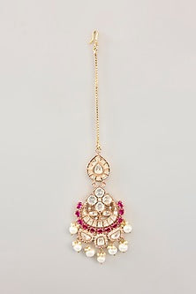 Gold Finish Kundan Polki & Pearl Drop Maangtikka