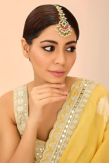 Gold Finish Kundan Polki & Pearl Drop Maangtikka