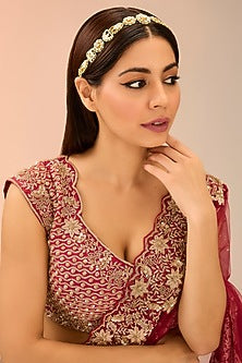 Gold Finish White & Green Kundan Polki Mathapatti