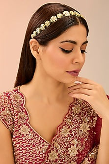 Gold Finish White & Green Kundan Polki Mathapatti