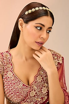 Gold Finish Red & Green Kundan Polki Mathapatti