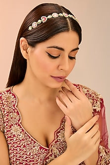 Gold Finish Red & Green Kundan Polki Mathapatti