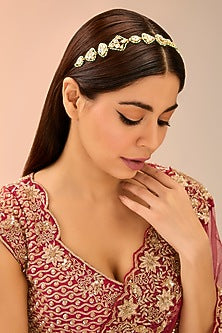 Gold Finish White & Green Kundan Polki Mathapatti