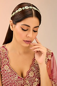 Gold Finish White & Green Kundan Polki Mathapatti