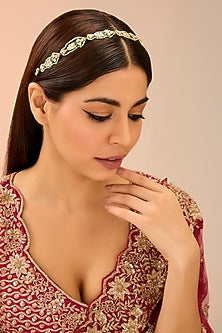 Gold Finish White & Green Kundan Polki Mathapatti