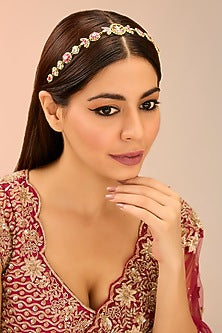 Gold Finish Red & Green Kundan Polki Mathapatti