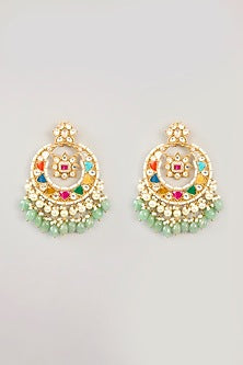 Gold Finish Navratna & Green Onyx Chandbali Earrings