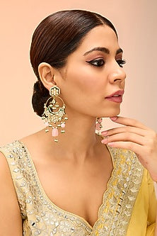 Gold Finish Kundan Polki & Pink Drop Chandbali Earrings