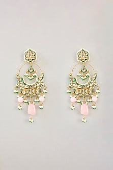 Gold Finish Kundan Polki & Pink Drop Chandbali Earrings