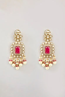Two Tone Finish Kundan Polki & Pearl Drop Dangler Earrings