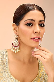 Gold Finish Kundan Polki & Pearl Drop Dangler Earrings