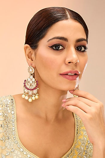 Gold Finish Kundan Polki & Pearl Drop Dangler Earrings