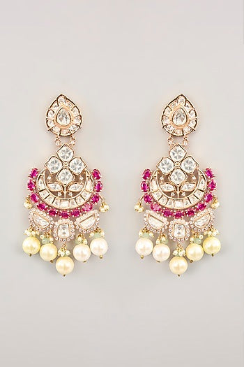 Gold Finish Kundan Polki & Pearl Drop Dangler Earrings