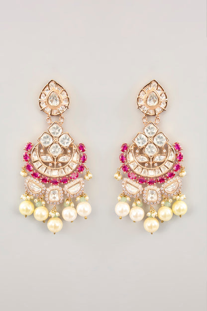 Gold Finish Kundan Polki & Pearl Drop Dangler Earrings