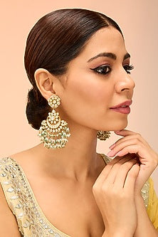 Gold Finish Kundan Polki & Green Onyx Chandbali Earrings