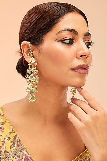 Gold Finish Kundan Polki & Green Onyx Dangler Earrings