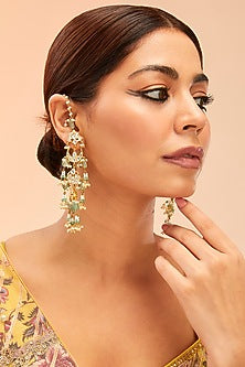 Gold Finish Kundan Polki & Green Onyx Dangler Earrings