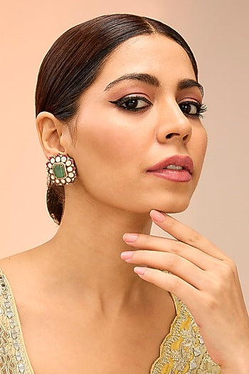 Gold Finish Kundan Polki Stud Earrings