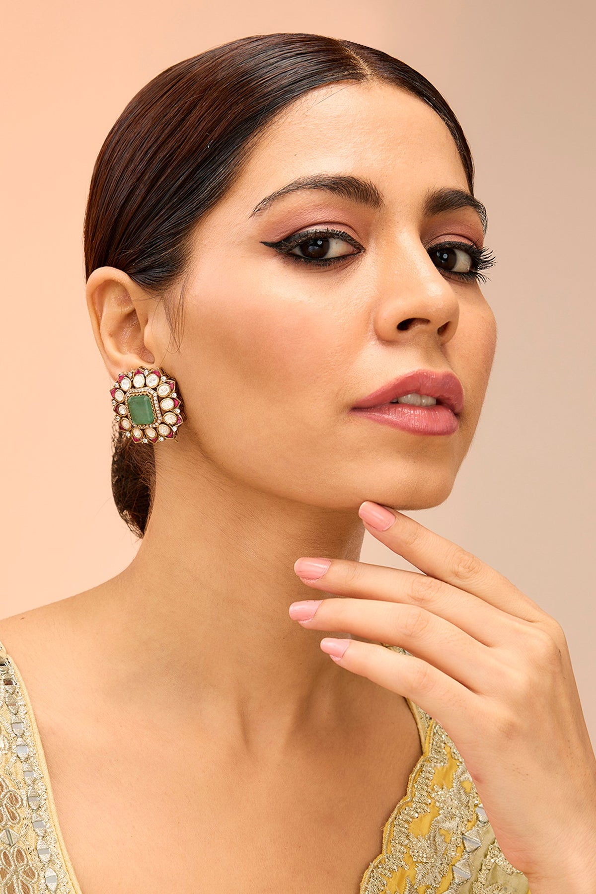Gold Finish Kundan Polki Stud Earrings