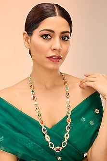 Gold Finish Kundan Polki & Navratna Stone Long Necklace
