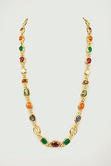 Gold Finish Kundan Polki & Navratna Stone Long Necklace