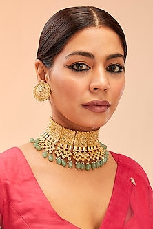 Gold Finish Kundan Polki & Green Onyx Drop Choker Necklace Set