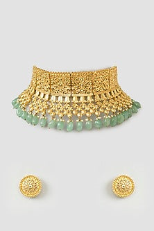 Gold Finish Kundan Polki & Green Onyx Drop Choker Necklace Set