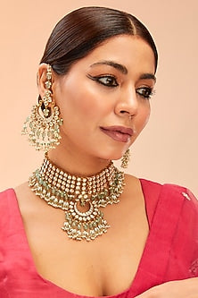 Gold Finish Kundan Polki & Green Onyx Drop Choker Necklace Set