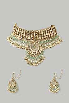 Gold Finish Kundan Polki & Green Onyx Drop Choker Necklace Set