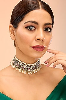 Black Rhodium Finish Ruby & Zircon Choker Necklace