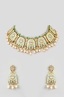 Gold Finish Kundan Polki & Pearl Drop Necklace Set