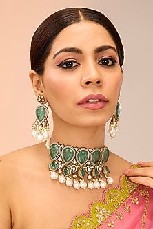 Antique Gold Finish Kundan Polki & Pearl Drop Choker Necklace Set