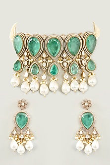 Antique Gold Finish Kundan Polki & Pearl Drop Choker Necklace Set