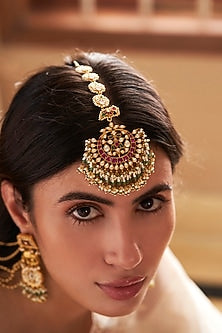 Gold Plated Green Onyx & Pearl Maangtikka