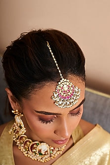 Gold Plated Green Onyx & Pearl Maangtikka