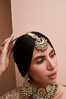 Gold Plated Green Onyx & Ruby Stone Maangtikka