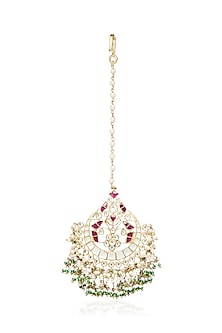 Gold Plated Green Onyx & Pearl Maangtikka