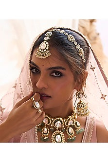 Gold Plated Green Onyx & Pearl Maangtikka