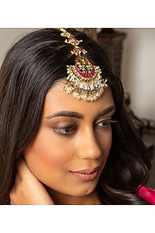 Gold Plated Green Onyx & Ruby Stone Maangtikka