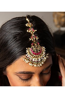 Gold Plated Green Onyx & Ruby Stone Maangtikka