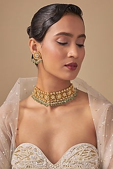 Gold Finish Kundan Polki & Mint Green Stone Choker Necklace Set
