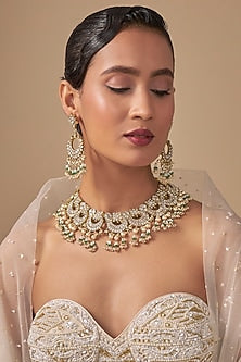 Gold Finish Kundan Polki & White Beaded Necklace Set