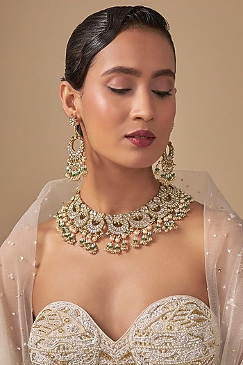 Gold Finish Kundan Polki & White Beaded Necklace Set
