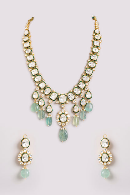 Gold Finish Kundan Polki & Mint Stone Long Necklace Set