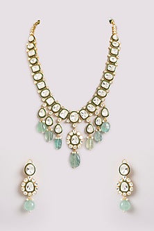 Gold Finish Kundan Polki & Mint Stone Long Necklace Set